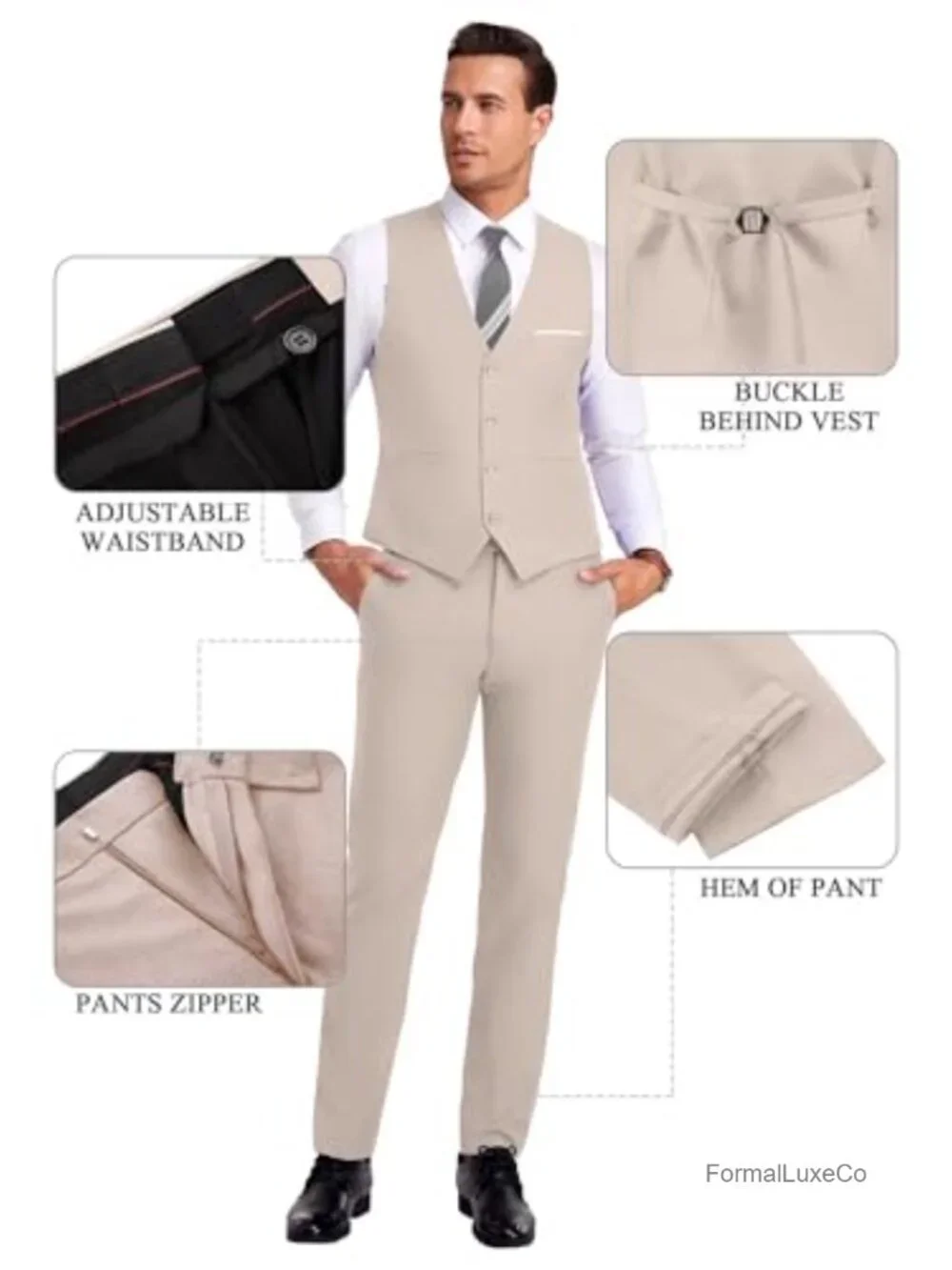 Men's 3-Piece Slim Fit Suit with Vest & Tie - 80% Polyester 20% Viscose